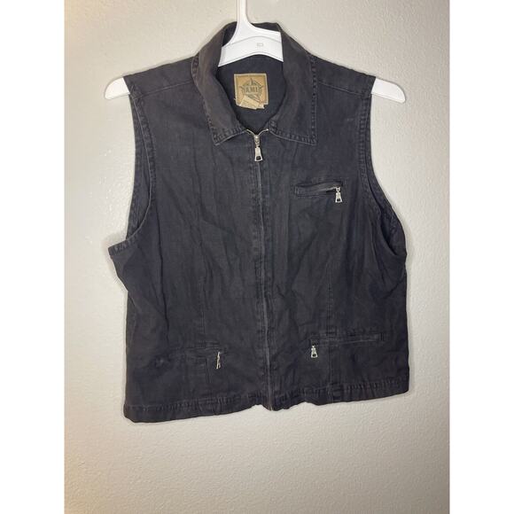 AMI Vest Vintage Black Pockets Linen Cotton Zip Up Size Large Western Country - Picture 5 of 7